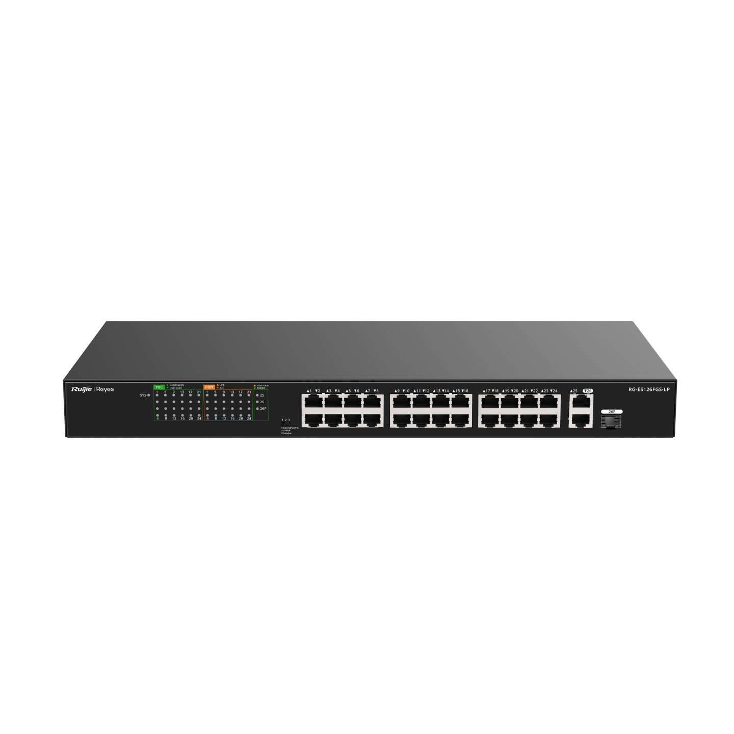 Ảnh minh họa Bộ chuyển mạch switch PoE 24 cổng Ruijie RG-ES126FGS-LP, tốc độ 8.8Gbps, PoE 180W, 2 cổng uplink 1000 Mbps + 1 cổng combo 3