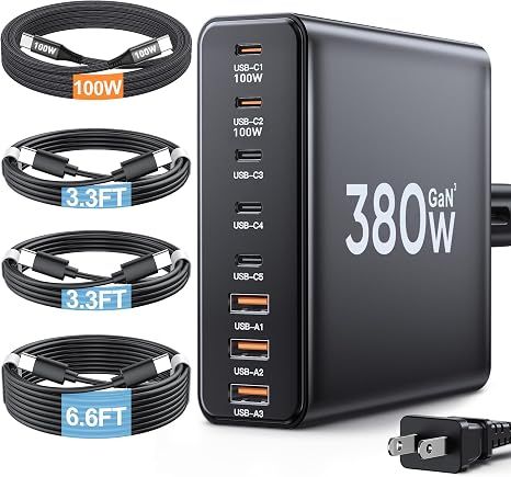 Bộ sạc USB C 380W kèm 4 cáp USB, trạm sạc kép 100W