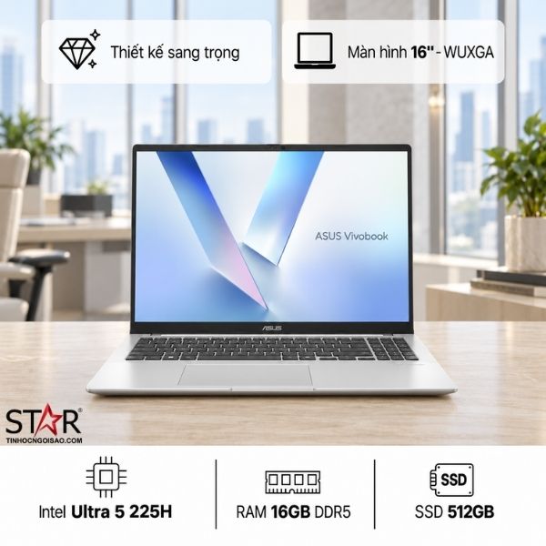 Ảnh minh họa Laptop ASUS Vivobook 16 X1607CA-MB387W | U5-225H, 16GB DDR5, SSD 512GB NVMe, 16" WUXGA 60Hz, 3C42WHrs, W11H, Bạc 1