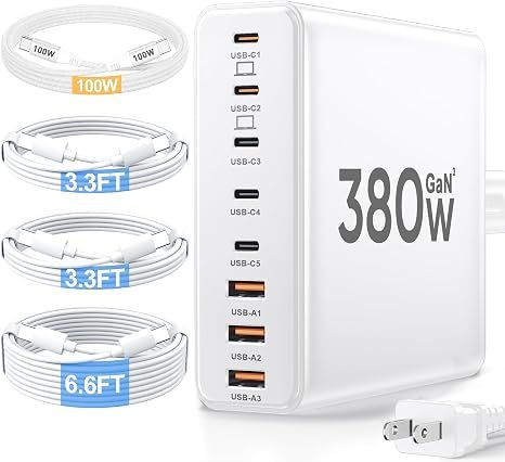 Trạm Sạc USB-C 380W Kèm 4 Cáp Tích Hợp Màu Trắng