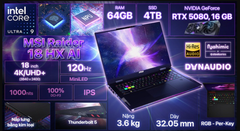  Laptop MSI Raider 18 HX AI A2XWIG - 033VN (Ultra 9 285HX, 64GB, 4TB, RTX 5080 16GB, 4K 120Hz, Win11) 