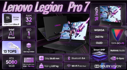 Laptop Lenovo Gaming Legion Pro 7 16IAX10H - 83F5008WVN (Ultra 9 275HX, 32GB, 1TB, RTX 5080 16GB, WQXGA OLED 240Hz, OfficeH24, Win11)
