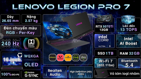 Laptop Lenovo Gaming Legion Pro 7 16IAX10H - 83F5008VVN (Ultra 9 275HX, 32GB, 1TB, RTX 5070Ti 12GB, WQXGA OLED 240Hz, OfficeH24, Win11)