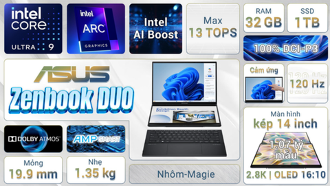 Laptop Asus Zenbook DUO UX8406CA - PZ109WS (Ultra 9 285H, 32GB, 1TB, 2.8K OLED 120Hz, Cảm ứng, OfficeH24+365, Win11)