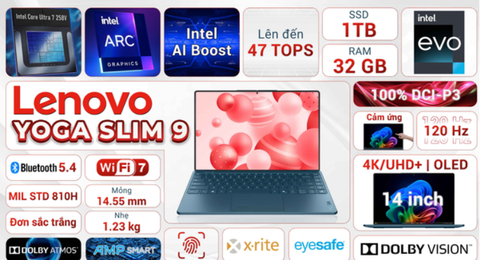 Laptop Lenovo Yoga Slim 9 OLED 14ILL10 - 83CX001AVN (Ultra 7 258V, 32GB, 1TB, 4K OLED 120Hz, Cảm ứng, OfficeH24+365, Win11)