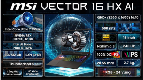 Laptop MSI Gaming Vector 16 HX AI A2XWHG - 010VN_32GB (Ultra 7 255HX, 32GB, 512GB, RTX 5070Ti 12GB, QHD+ 240Hz, Win11)
