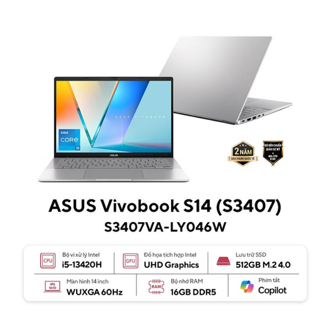 Laptop Asus VivoBook S3407VA-LY046W (i5 13420H/16GB RAM/512GB SSD/14 WUXGA/Win11/Bạc)