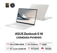  Laptop Asus ZenBook S 14 OLED UX5406SA-PV140WS (Ultra7 258V/32GB RAM/1TB SSD/14 inch 3K Oled 120Hz/Win11/Trắng) 