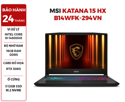 LAPTOP GAMING MSI KATANA 15 HX B14WFK-294VN CORE i9-14900HX | RTX 5060 8GB | 16GB RAM | 512GB SSD | 15.6