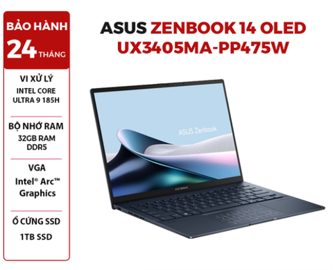 LAPTOP ASUS ZENBOOK 14 OLED UX3405MA-PP475W Intel Core Ultra 9 185H | 32GB RAM | 1TB SSD | Intel Arc Graphics | 14' WQXGA+ OLED 100% DCI-P3 | Win 11