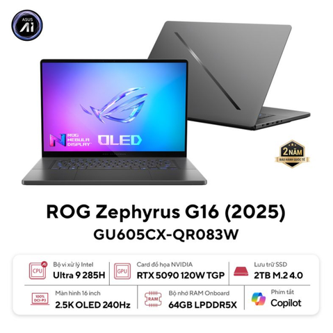Laptop Asus ROG Zephyrus G16 GU605CX-QR083W (Intel Core Ultra 9 Processor 285H | RTX 5090 24GB | 16 inch 2.5K OLED | 64GB | 2TB | Win 11 | Xám)