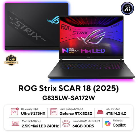 Laptop ASUS ROG Strix SCAR 18 G835LW-SA172W (Intel Core Ultra 9 Processor 275HX | RTX 5080 | 18 inch 2.5K 240Hz | 64GB | 4TB | Win 11 | Đen)