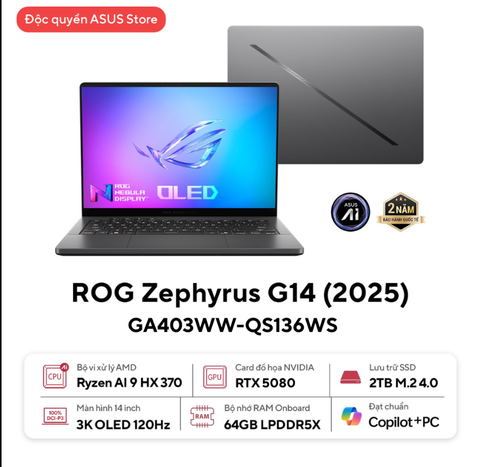 Laptop Asus ROG Zephyrus G14 GA403WW-QS136WS (AMD Ryzen AI 9 HX 370 | RTX 5080 | 14 inch 3K OLED 120Hz | 64GB | 2TB | Win 11 | Xám)