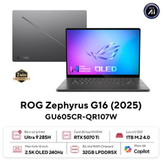  Laptop Asus ROG Zephyrus G16 GU605CR-QR107W (Intel Core Ultra 9 285H | RTX 5070 Ti | 16 inch WQXGA 240Hz | 32GB | 1TB | Win 11 | Xám) 