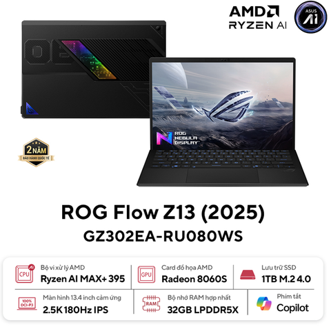 Laptop ASUS ROG Flow Z13 GZ302EA-RU080WS (AMD Ryzen AI MAX+ 395 | 32GB | 1TB | AMD Radeon | 13.4 inch 2.5K 180Hz | Win 11 | Office | Đen)