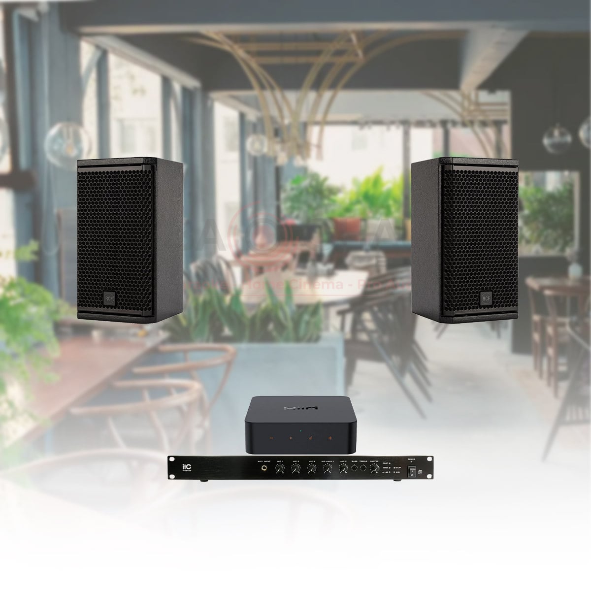 Hệ Thống Âm Thanh Nhạc Nền Quán Cafe, Nhà Hàng, Shop, Spa, tenis RCF 03 (RCF Compact M05, ITC T-B240D,WiiM Pro Plus)