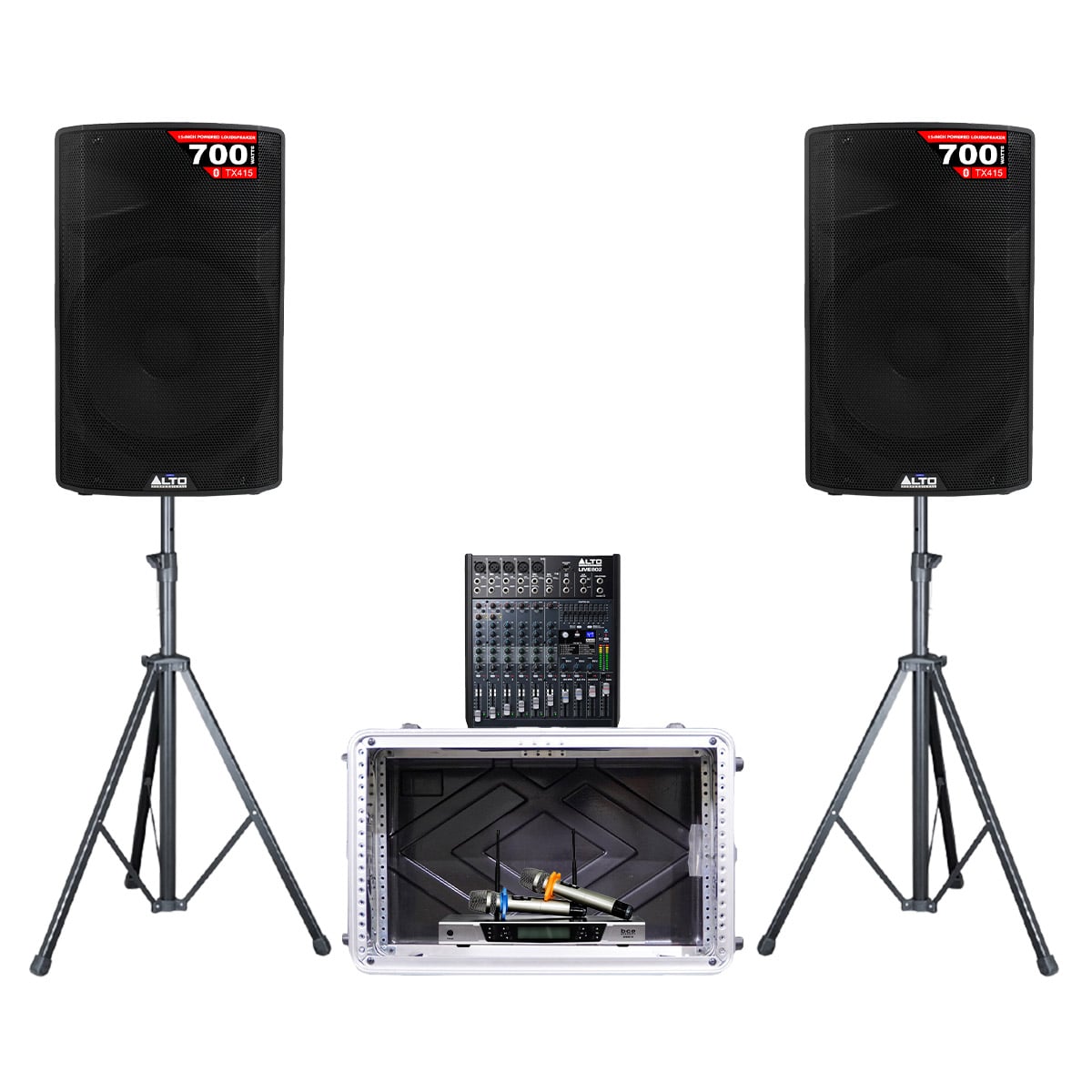 Dàn karaoke - Sân khấu Mini Alto 17 (Alto TX415, Alto Live 802, BCE UGX12, Tủ thiết bị ABS 6U, Chân loa )