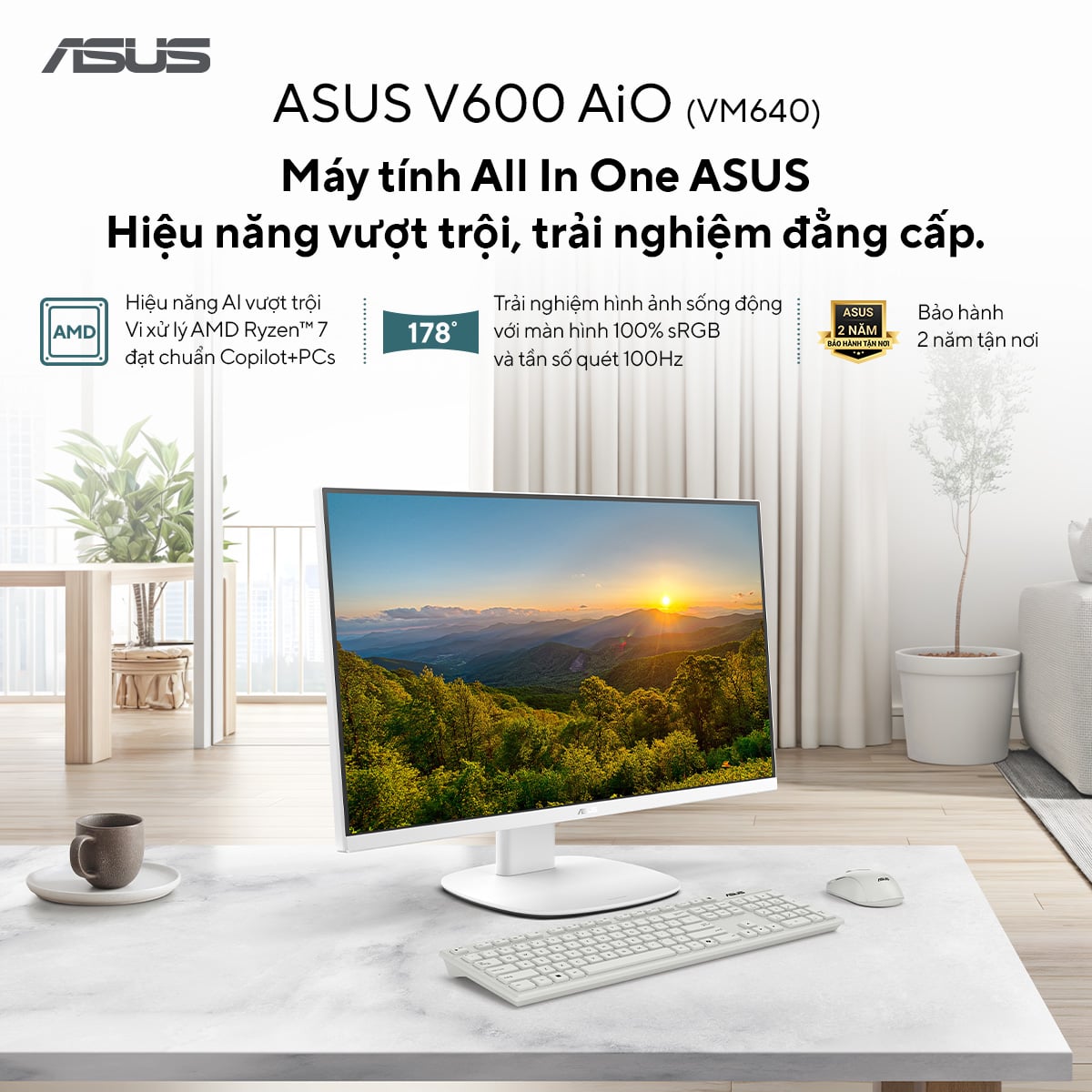 Ảnh minh họa PC All in one Asus AI VM640GA-WPC010W (Ryzen™AI 7 445/ 16GB RAM D5/ 512G SSD/ 23.8 FHD/ CAM/ MIC/ WiFi6/ BT/ WL_KB/WL_M/ W11H/2Y-OS/TRẮNG) 1