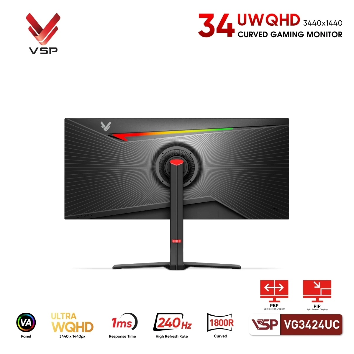 Ảnh minh họa Màn hình Gaming 2K VSP VG3424UC | 34 inch, UWQHD, VA, 240Hz, 1ms, Cong 1800R, Chân CTH 3