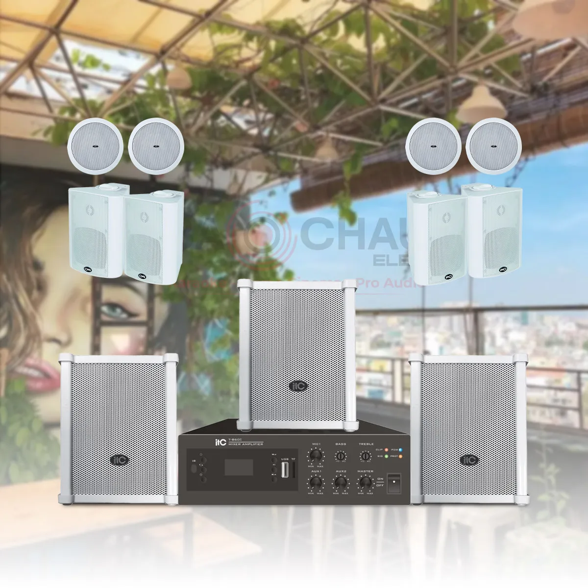 Ảnh minh họa Hệ thống âm thanh quán cafe, nhà hàng 1 tầng trong nhà ngoài trời 02 (T-105, T-901B,T-774PW) 1