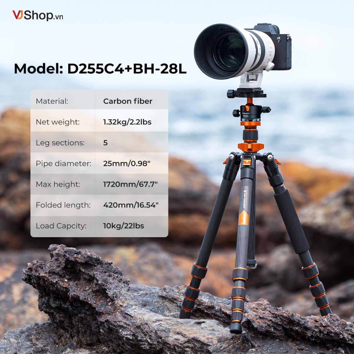 Ảnh minh họa Chân máy ảnh K&F Carbon Fiber Tripod 1.7m D255C4+BH-28L - KF09.093V2 | Chính hãng 1