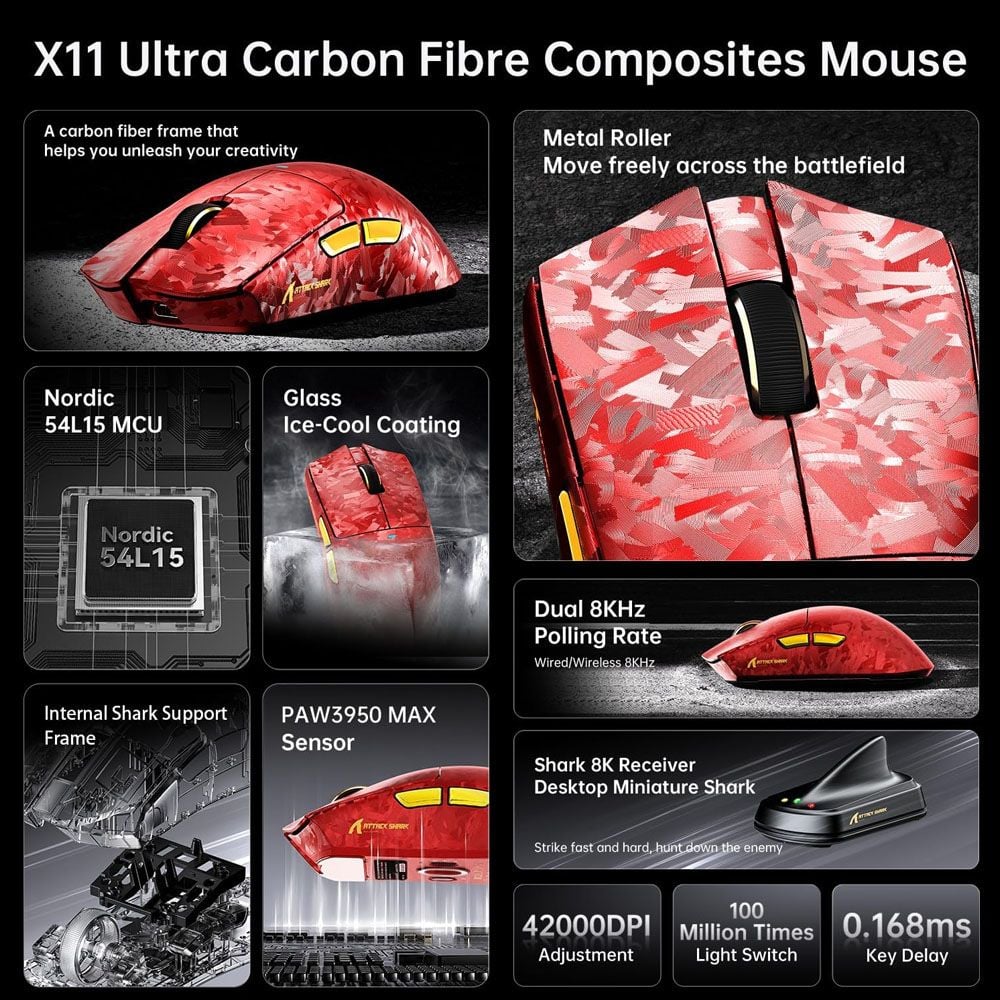 Ảnh minh họa ATTACK SHARK X11 Ultra Chuột Gaming Không Dây - Đỏ 3