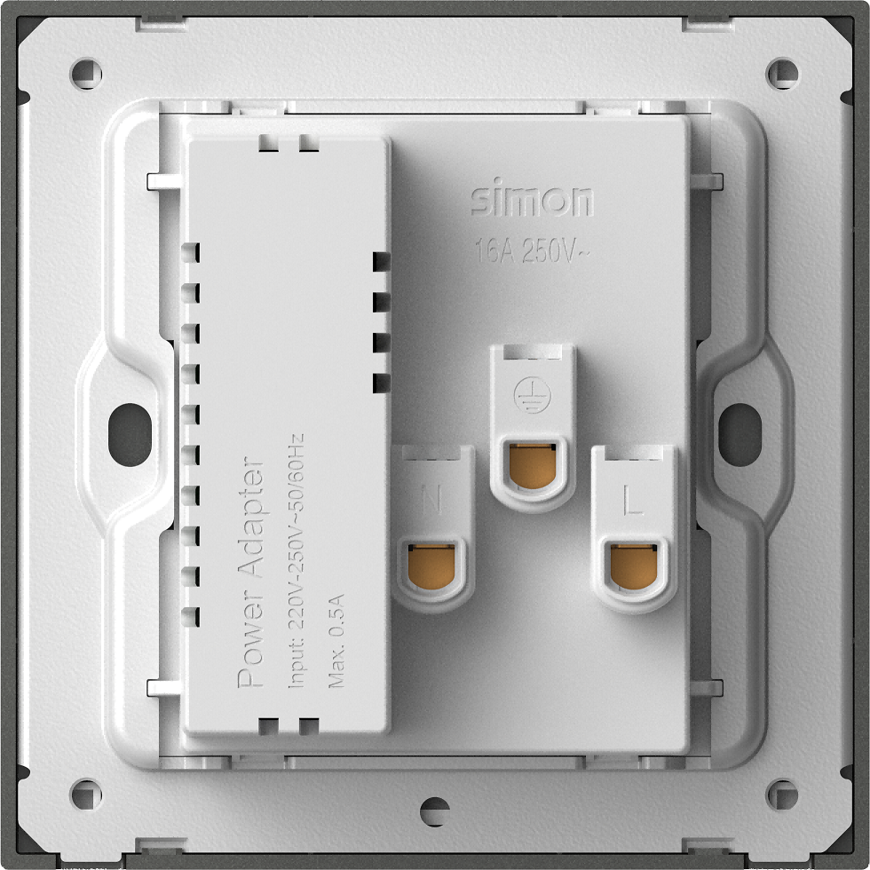 Ảnh minh họa Module Ổ cắm đôi 3 chấu chuẩn Âu Mỹ 16A kèm sạc USB và type C màu Bạc Simon M7 66E7251-6R 1