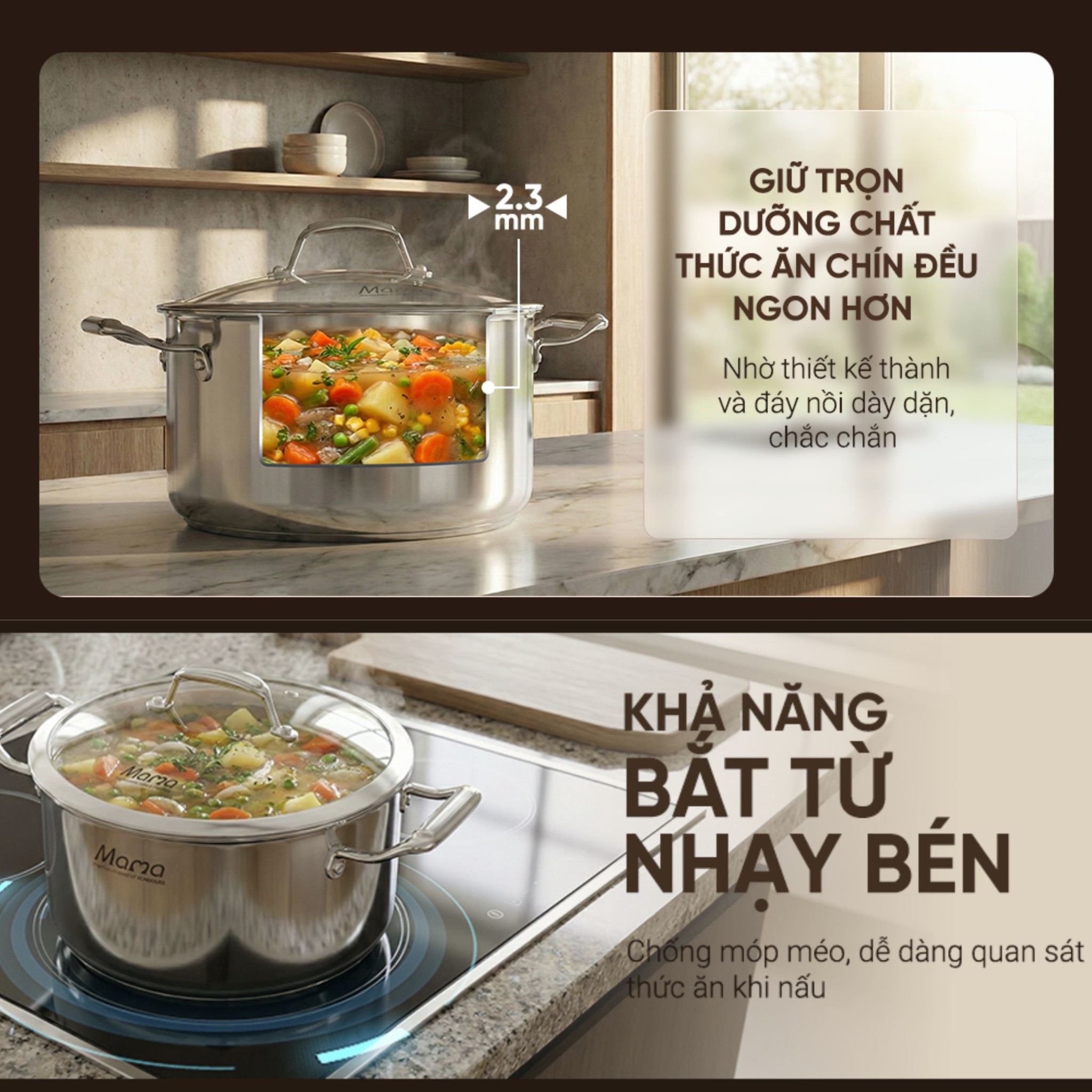Ảnh minh họa Bộ 3 nồi inox liền đáy nắp kính Sunhouse Mama SHG825 3