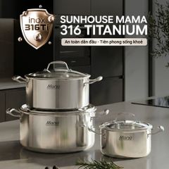  Bộ 3 nồi inox liền đáy nắp kính Sunhouse Mama SHG825 