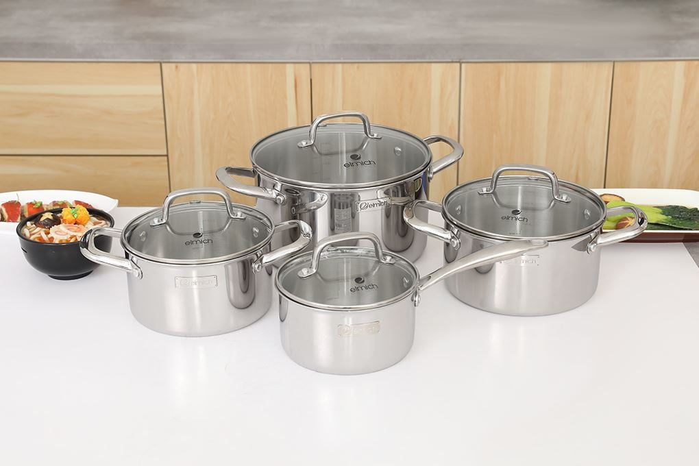 Bộ 4 nồi quánh inox 3 lớp nguyên khối nắp kính Elmich EL2485IN01