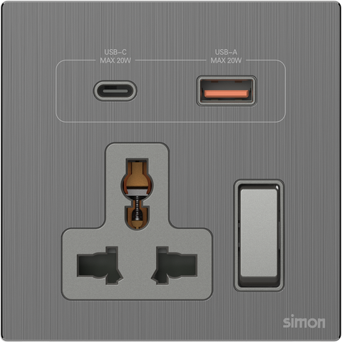 Bộ ổ cắm kèm cổng sạc USB và Type C màu xám mặt kim loại Simon M7