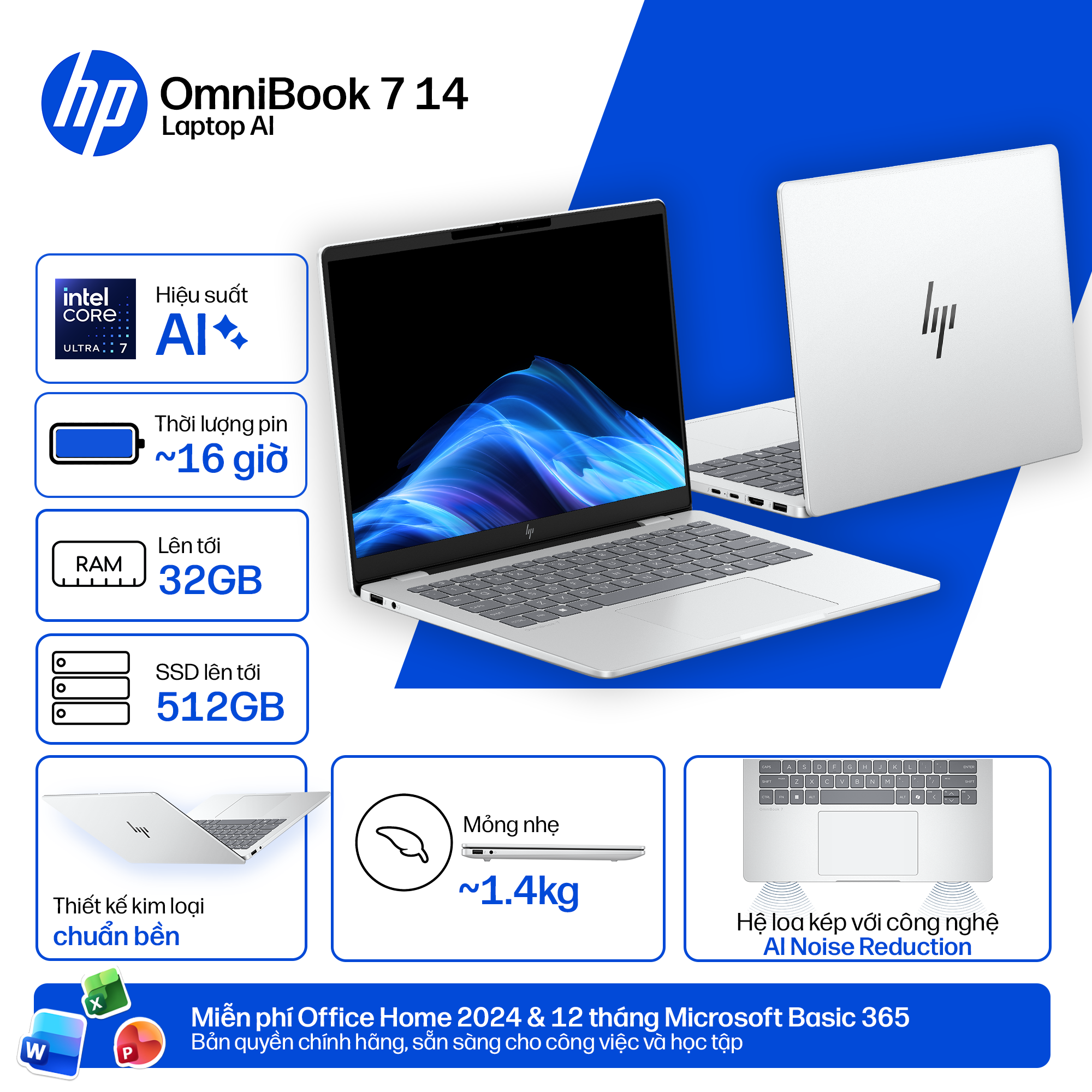 Laptop HP OmniBook 7 14-fr0027TU C1MN1PA (Ultra 7 255U/16GB RAM/512GB SSD/14 2K/Win11&OfficeHS24+365/Bạc)
