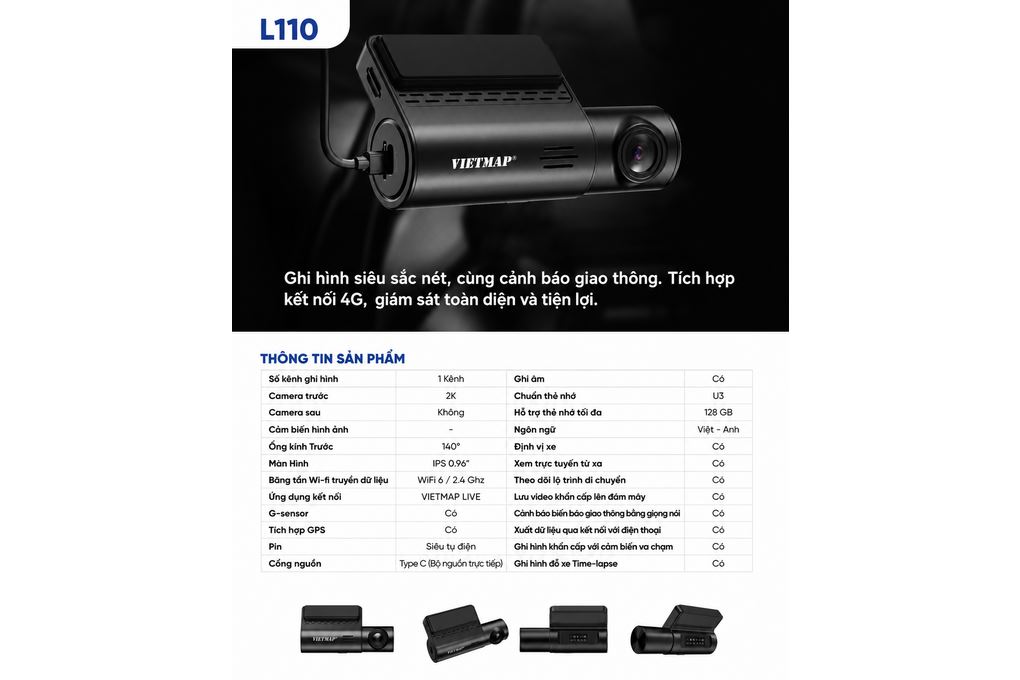 Ảnh minh họa Camera hành trình xe hơi 2K Cảnh Báo Giọng Nói 4G GPS Vietmap L110 2