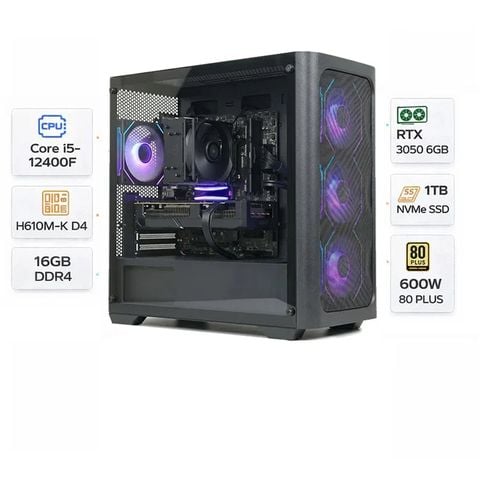 PC chơi game tùy chỉnh Intel Core i5-12400F, RTX 3050 6GB, 16GB RAM