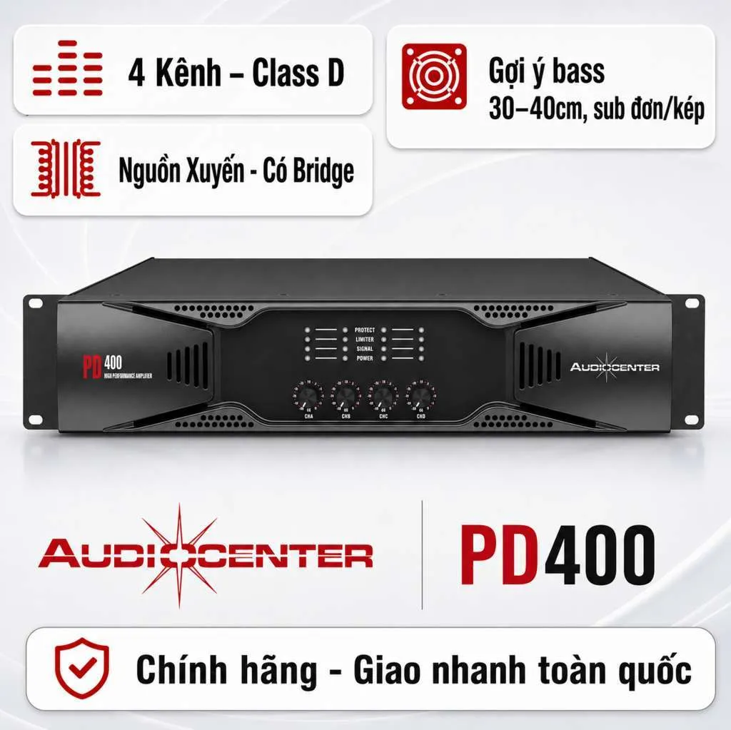Ảnh minh họa Cục Đẩy 4 Kênh Audiocenter PD400 (400W 8ohm Stereo, Có Bridge) 1