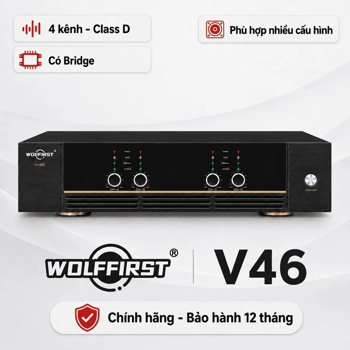 Ảnh minh họa Cục đẩy 4 kênh Wolfirst V46 (600W, Class D, Có Bridge) 1