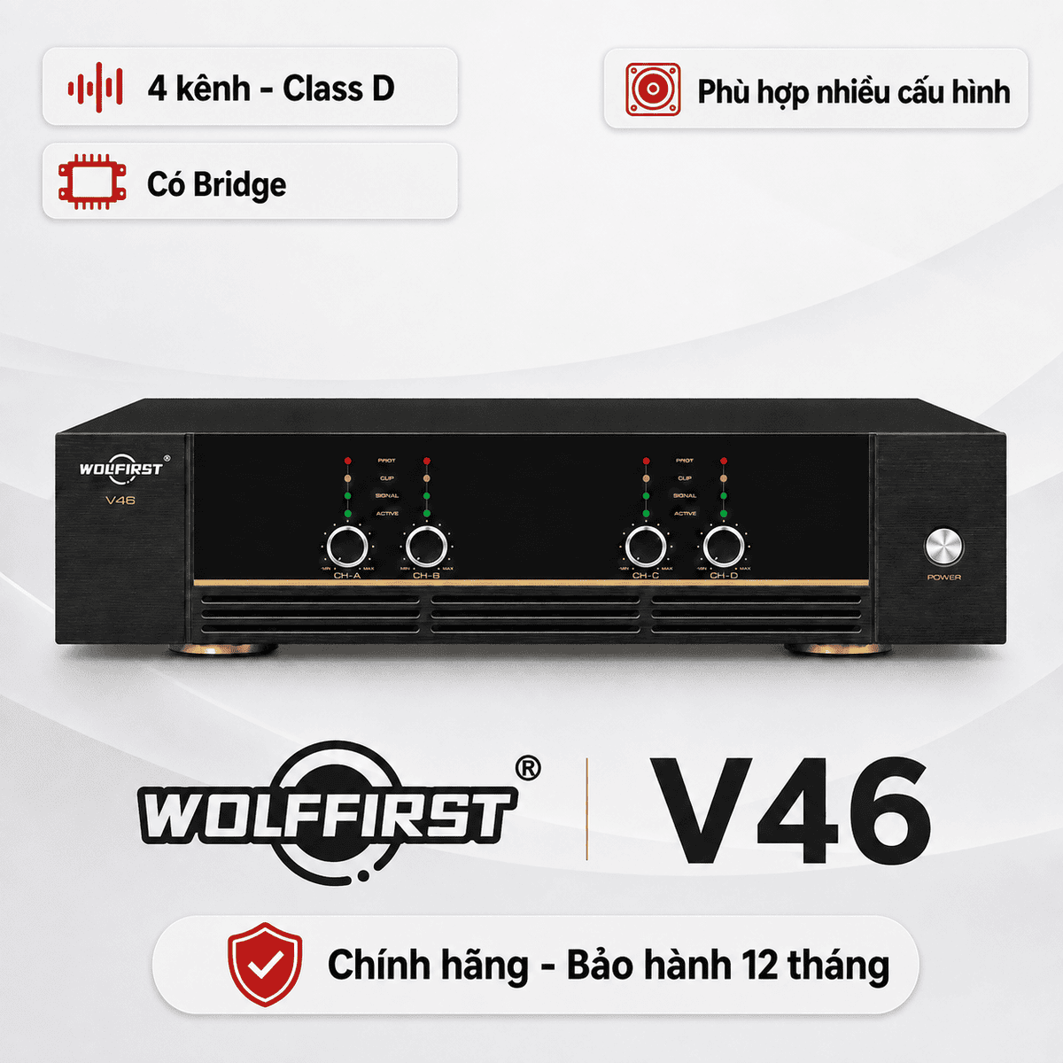 Cục đẩy 4 kênh Wolfirst V46 (600W, Class D, Có Bridge)