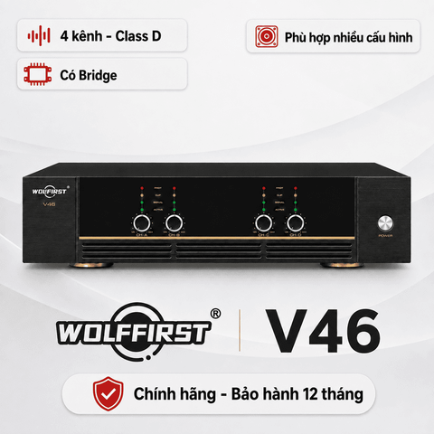Cục đẩy 4 kênh Wolfirst V46 (600W, Class D, Có Bridge)
