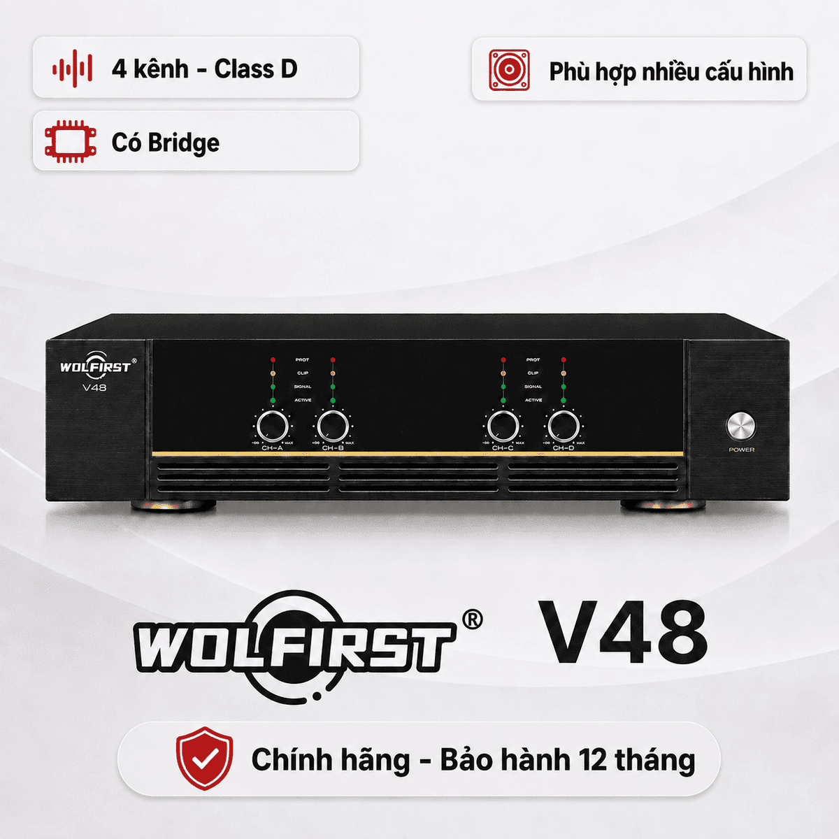 Cục đẩy 4 kênh Wolfirst V48 (800W, Class D, Có Bridge)