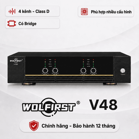 Cục đẩy 4 kênh Wolfirst V48 (800W, Class D, Có Bridge)