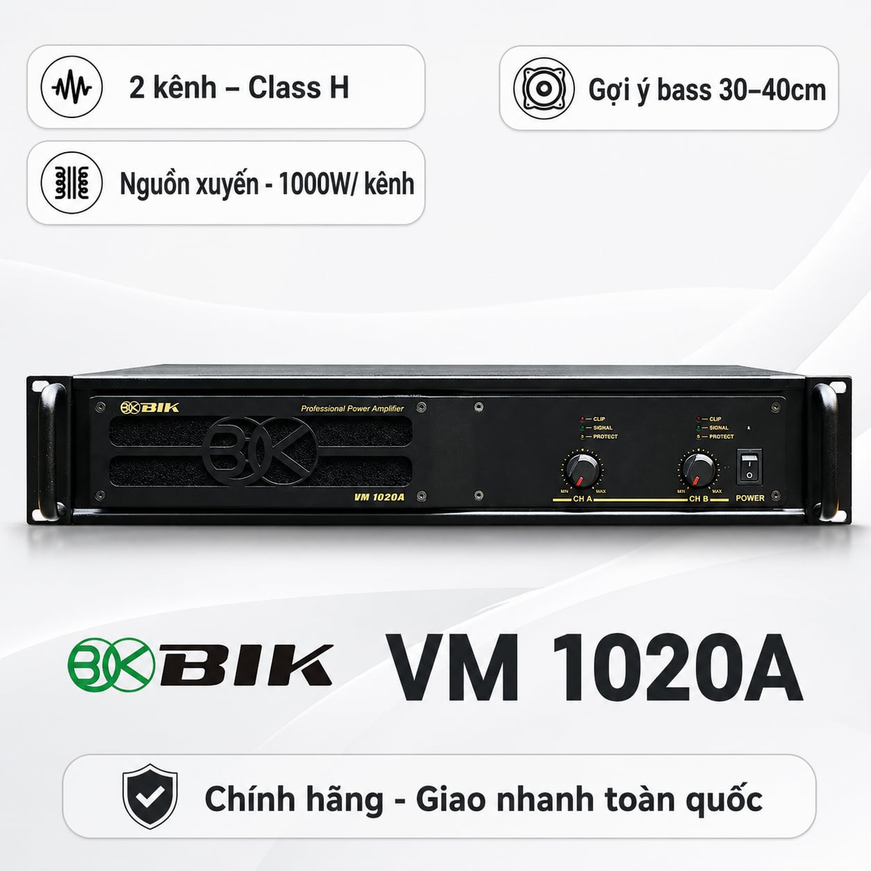 Cục đẩy công suất 2 kênh BIK VM 1020A (Nguồn xuyến, Class H, 1000W)