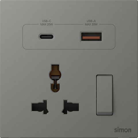Module Ổ cắm đa năng kèm ổ sạc USB và TypeC có công tắc màu xám Simon