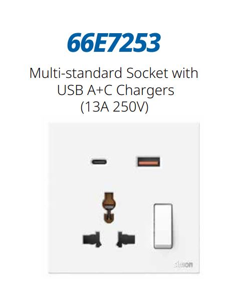 Ảnh minh họa Module ổ cắm 3 chấu đa năng kèm sạc USB và Type C có công tắc màu Trắng Simon M7 66E7253 2