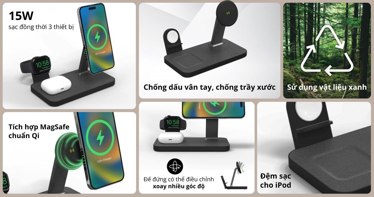 Đế sạc Mophie Snap+ 3 in 1 đứng 15W