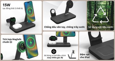 Đế sạc Mophie Snap+ 3 in 1 đứng 15W