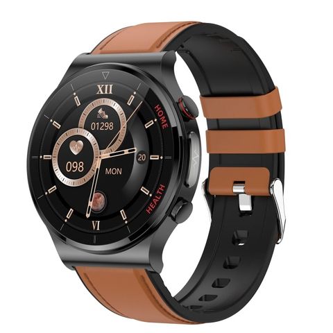 E300 Brown – Đồng hồ thông minh 1.32 inch, da cao cấp, theo dõi sức khỏe & đo điện tâm đồ chính xác