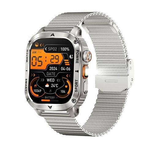AK80 BT Call Silver Mesh Steel- Đồng hồ thông minh hỗ trợ oxy trong máu/huyết áp/nhịp tim/theo dõi sức khỏe thể thao