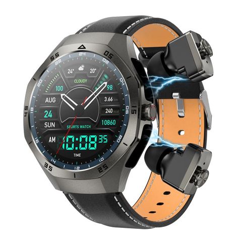 Đồng hồ thông minh F38 Black Leather - Bluetooth hai tai IP67 hỗ trợ theo dõi nhịp tim
