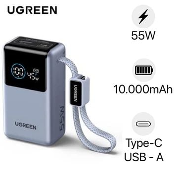 Sạc dự phòng Ugreen 10000mAh 55W 1C1A QC 3.0 có màn hình và cáp C