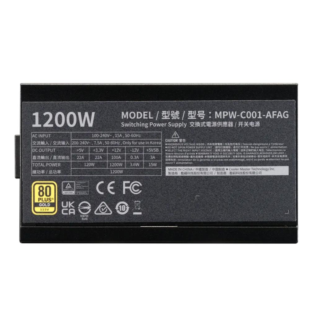 Ảnh minh họa Nguồn máy tính Cooler Master ELITE Gold 1200 FM A/EU cord (1200W/ 80 Plus Gold/ Full-Modular/ ATX/ Đen) 1